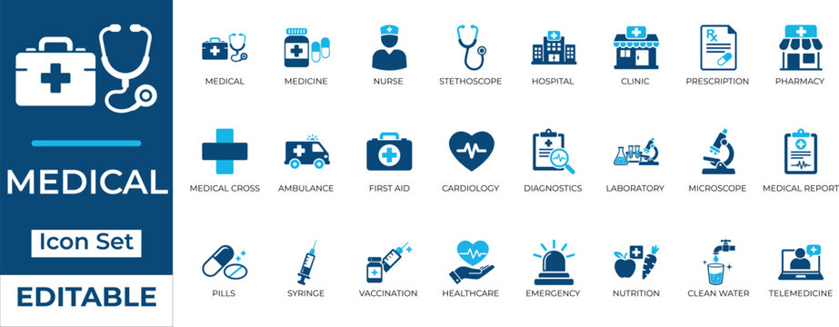 Medical and healthcare editable vector icon set. Two-tone blue flat icons for hospital, clinic, pharmacy, laboratory, and telemedicine designs.