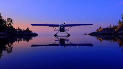 Fototapeta premium floatplane. A floatplane at rest on a mirror-like lake at dusk, wings reflected. mobility guides, transit brochures, designed for transport & logistics marketing, clarifies navigation. 