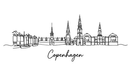 Obraz premium Elegant minimalist line drawing of the historic Copenhagen skyline highlighting iconic architecture and cityscape details in a