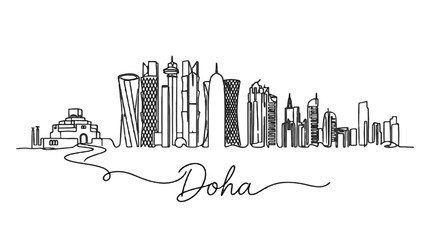 Fototapeta premium Minimalist line art illustration of Doha's iconic skyline showcasing modern skyscrapers and cityscape elements