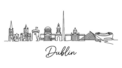 Naklejka premium Minimalist Line Drawing of Dublin City Skyline Featuring Iconic Architectural Landmarks and the River Liffey