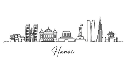 Obraz premium Minimalist black and white line art of Hanoi's iconic cityscape featuring diverse landmarks and traditional architecture in a