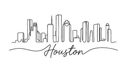 Fototapeta premium Minimalist black and white line art illustration showcasing the Houston city skyline with iconic skyscrapers and a stylized