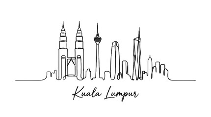 Naklejka premium Minimalist Line Art of Kuala Lumpur Skyline Featuring Iconic Tall Structures and Urban Silhouette