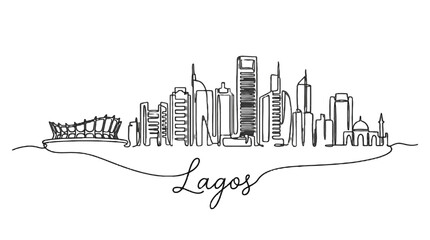 Obraz premium Minimalist black and white line drawing of the Lagos city skyline showcasing diverse architecture and iconic structures in Nigeria