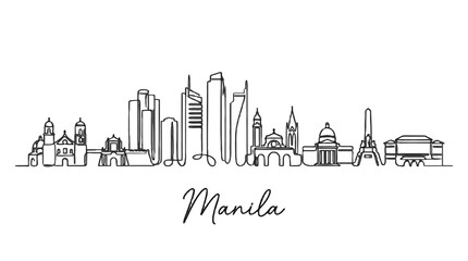 Obraz premium Minimalist black and white digital sketch of iconic manila skyline with a handwritten city name calligraphy