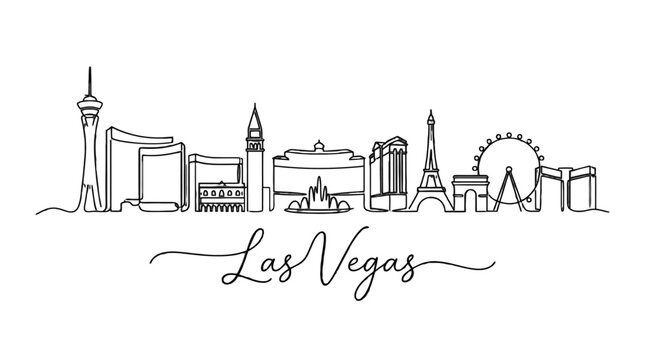 Minimalist black and white Las Vegas skyline illustration with the iconic landmarks and the city name in elegant cursive