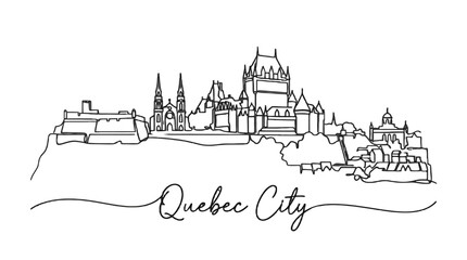 Fototapeta premium Minimalist Line Drawing of Quebec City Skyline Featuring Historic Landmarks and Iconic Architecture in Pure Black and White Style