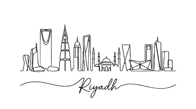 Elegant minimalistic line drawing of Riyadh's iconic cityscape featuring diverse skyscrapers and landmarks