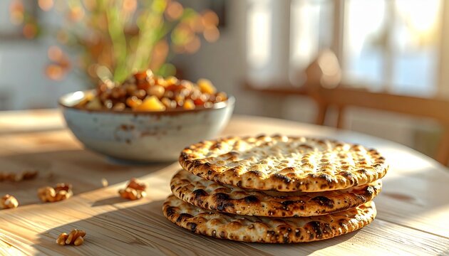 Handmade Round Shmura Matzah Stack and Bowl of Charoset on Wooden Table for Passover Seder with Warm Bokeh Background