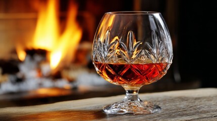armagnac. Glass of amber Armagnac on a wooden table glowing with reflections from a fireplace. bar promotions, beverage menus, designed for product packaging and bar promotions. 
