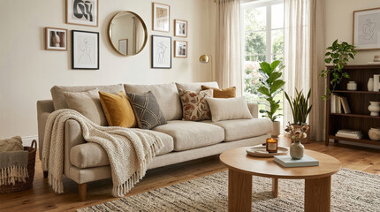 Obraz premium Luxurious interior design of a living room featuring elegant furniture, plants, and stylish home decor accessories.