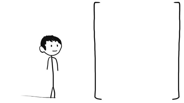 Next to the large brackets stands a cartoon person or character. They blink their eyes and sometimes change their emotions.