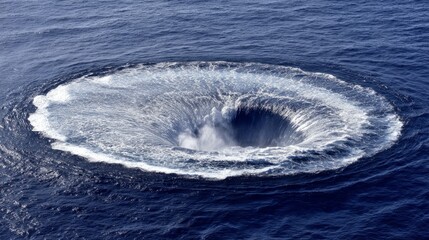 defying. A mesmerizing inverted whirlpool of ocean water defying gravity, revealing the terrifying abyss beneath. travel magazines. 