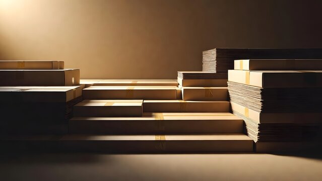 staircase made from stacks of brown cardboard boxes, illuminated by a warm light from above