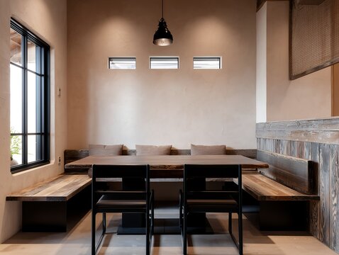 モダンで温かみのある塗り壁と古材のベンチが調和した無人のダイニングキッチンインテリア