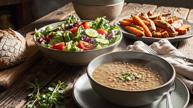 Warm rustic soup and vibrant salad meal captured in a cozy kitchen video.