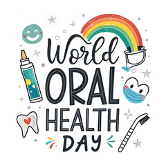 World oral health day design with rainbow and dental hygiene items
