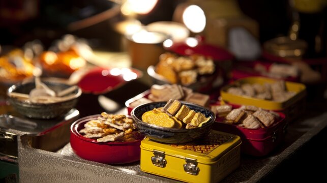 nostalgic. Vintage kitchenware holding handcrafted snacks, bathed in warm nostalgic light. menu design, packaging mockups, designed for culinary blogs and recipe cards for restaurants.
