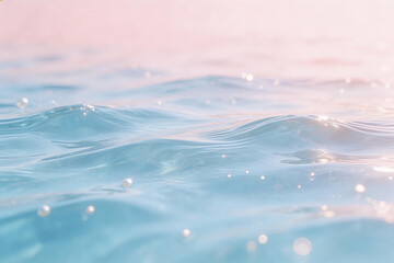 Fototapeta premium Calm blue ocean waves with pink sky background. Rippling water surface with sparkles, serene and tranquil aquatic scene, perfect for nature and relaxation themes.