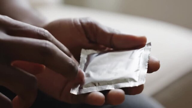 Close up of hand holding condom wrapper for product awareness video.