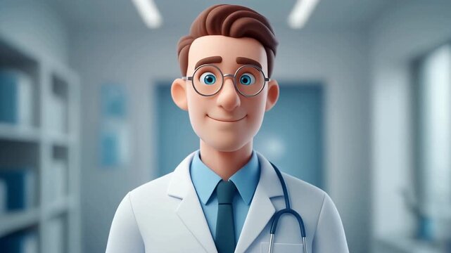Friendly cartoon doctor smiling in a bright medical office, front view illustration of a professional physician with stethoscope and lab coat
