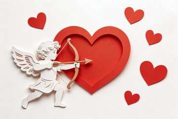 Naklejka premium Paper cutout of Cupid with bow and arrow, red heart shape, white background. Illustrative, romantic, Valentine's Day themed design elements for love and romance.