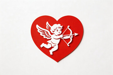 Naklejka premium White cherub (cupid) with bow and arrow inside a red heart. Symbol of love, romance, Valentine's Day. Vector illustration style, flat design, white background.
