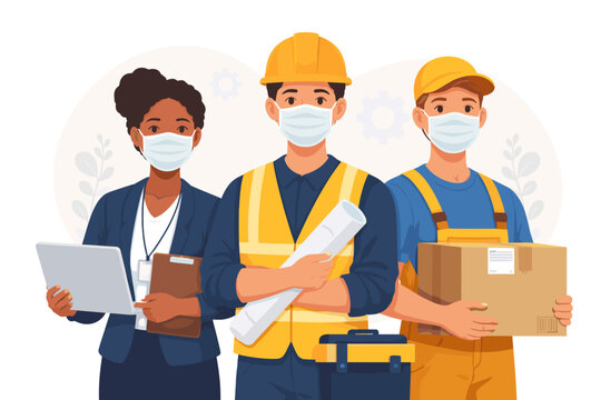Diverse Group of Essential Workers Wearing Protective Face Masks for COVID-19 Prevention. Professional Businesswoman, Construction Engineer with Blueprints, and Delivery Courier with Package.
