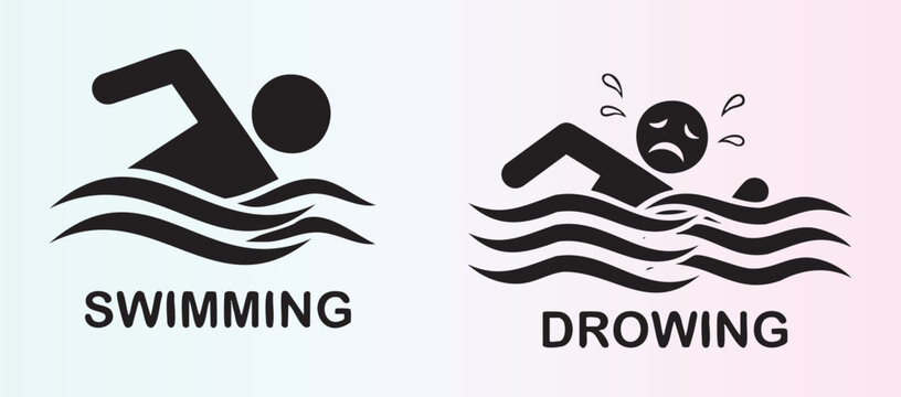 Illustration of swimming and drowning comparison in flat design