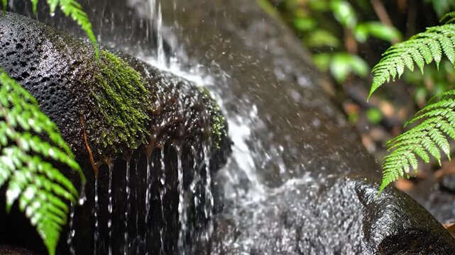 Close up water flowing over mossy rocks with green ferns in natural forest stream