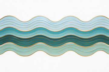Fototapeta premium Abstract artwork with wavy blue and gold patterns on white background. Features curved lines, layered waves, and a modern decorative design, suitable for interior decor.