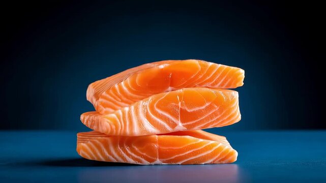 Fresh salmon fillets stacked in the air with a dark blue background and bright lighting creating an eye-catching display of seafood