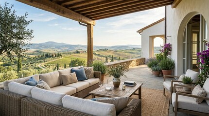 Fototapeta premium Luxury Patio Terrace Overlooking Rolling Hills in Tuscany Italy