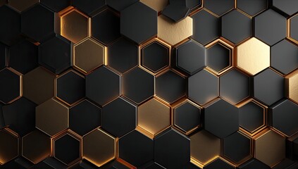 Abstract close-up of a golden honeycomb structure with black geometric highlights