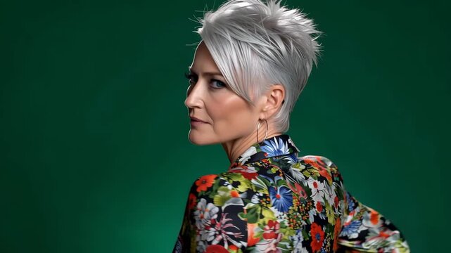 Woman with short silver hair poses with hand on chin in front of green background during a studio shoot