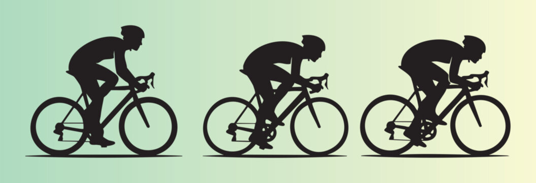 Three sequential silhouettes of a cyclist riding a road bike