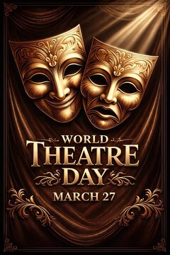 Golden antique theatre masks symbolizing comedy and tragedy on opulent draped curtain background commemorating World Theatre Day celebrated on March 27
