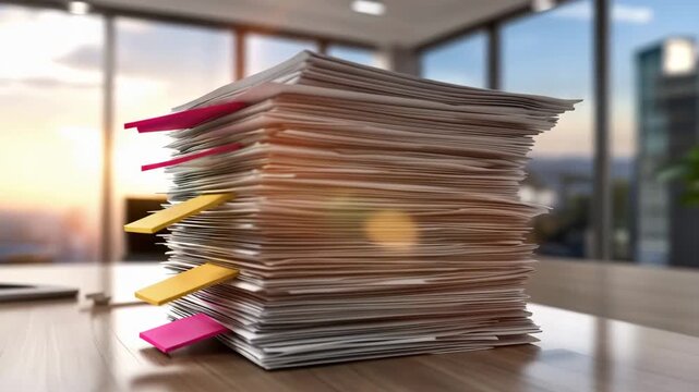 Piled documents with sticky notes on a desk near a large window in an office during late afternoon