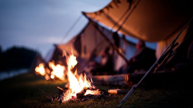 garrison. Ancient Roman military camp at dusk with soldiers by campfires. event programs, museum guides, designed for cultural heritage projects and event programs, preserves heritage.
