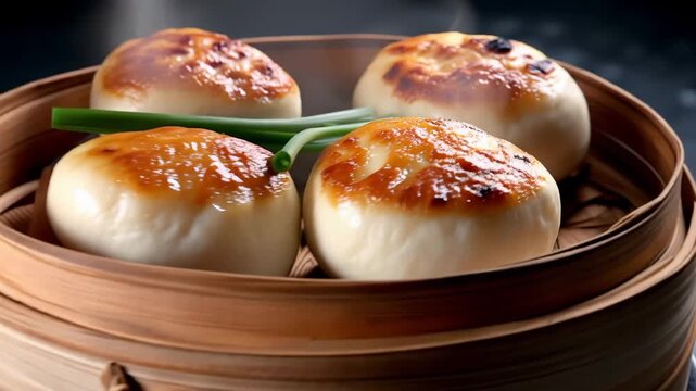 Steamed buns in a bamboo steamer with green onions on top placed on a dark surface