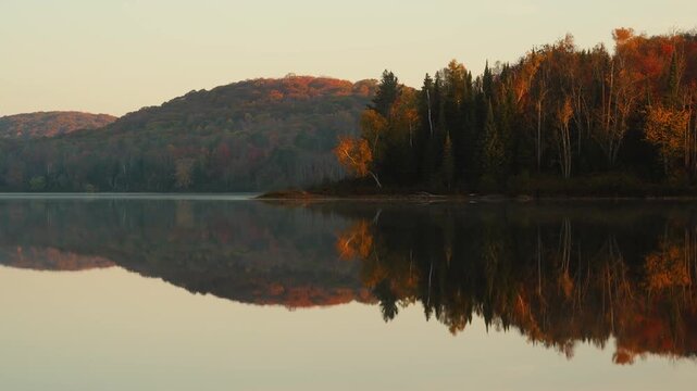 Cinematic sunrise timelapse of autumn forest hills, golden morning light illuminating vibrant fall trees with calm lake reflection, nature landscape transition