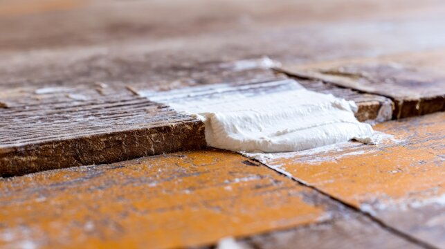sealant. Smooth white sealant bead filling a gap between dark wood planks. safety posters, maintenance manuals, designed for precision metalworking and fabrication facilities, clarifies operation.

