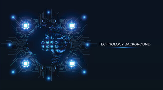 Pulsating lights illuminate a futuristic world, bordered by intricate circuit boards symbolizing tech innovation. Digital glow evokes fintech evolution. For finance apps, crypto, technology concept. 