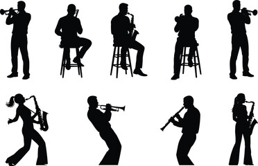 Jazz band musician silhouettes collection with saxophone, trumpet and clarinet players performing, black isolated music performer set for concert, festival, band, and entertainment design © MdGolam