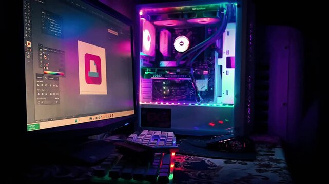 Graphic Designer Working on RGB Gaming PC with Colorful Lighting in Dark Creative Workspace