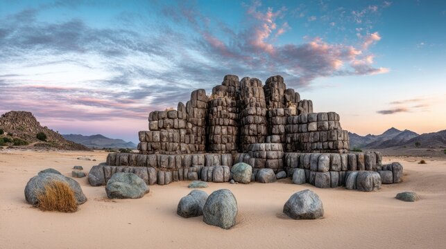 pharaonic. The wide, solid base of a stone pyramid made of massive blocks against a desert sky. real-estate listings.
