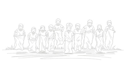 Naklejka premium Group of Diverse Happy Children Participating in a Sack Race Competition Illustration Vector