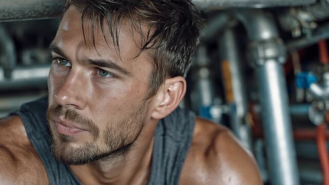 Man with blue eyes and beard looks into the camera while resting in a workshop with pipes in the background during daylight