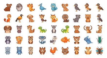 Fototapeta premium Many colorful animal icons are illustrated on a white background, Image_fx - 2025-10-19T201823.487